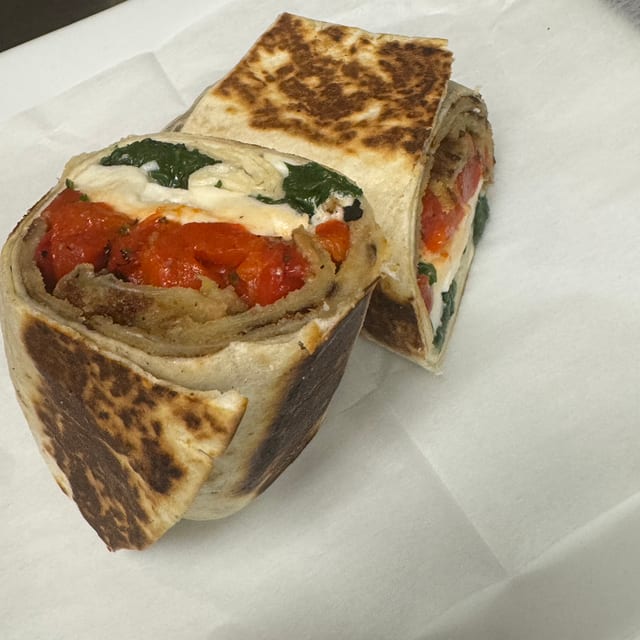 4. Eggplant Spinach, Fresh Mozzarella, Roasted Red Pepper Wrap.